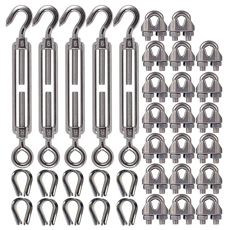Durable 304 Stainless Steel Turnbuckle M6 Wire Rope Tension Tensioner Strainer and M3 Wire Rope Clips, 1/8 Inch Cable Railing Kit for Wood Post