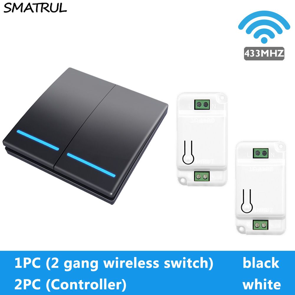 SMATRUL wireless switch - 433Mhz RF Remote Controller - Wall Panel button 1000W Receiver - Lamp 1 2 gang 1 2 receiver