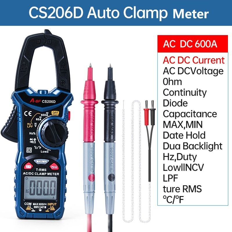 Digital Clamp Meter DC/Current True RMS Auto Range Multimeter Voltage Tester Temp Car Amp Hz NCV Capacitance CS206B/CS206D