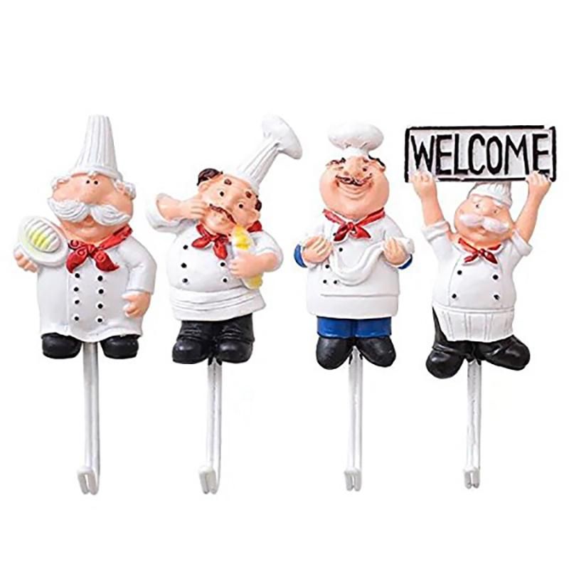 Pack of 4 Resin French Chef Figurine Wall Hooks Decorative Cook Wall Mount Rack Hook Hanger(Assorted Style)