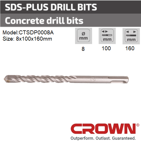 Crown SDS-plus Drill Bit for Concrete 8x100x160mm  Model: CTSDP0008A