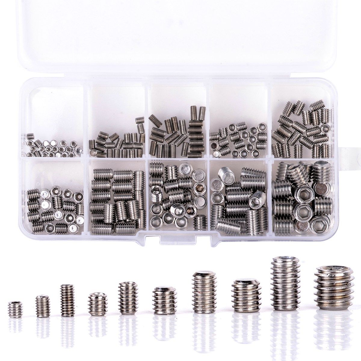 Durable 200Pcs 304 Stainless Steel Grub Screws Hex Socket Screw Assortment Kit Set M3/M4/M5/M6/M8