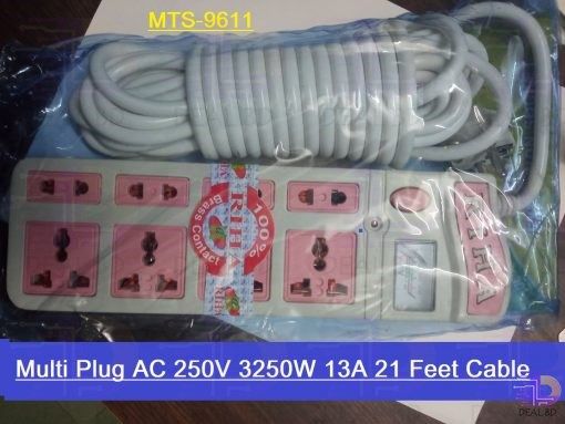 Multiplug Socket Heavy Duty Multi Plug AC 250V 3250W 13A 21 Feet Cable Brass Contact 8 Point Socket LED & Voltmeter Indicator Control With Single Switch Multi Usage Extension Socket