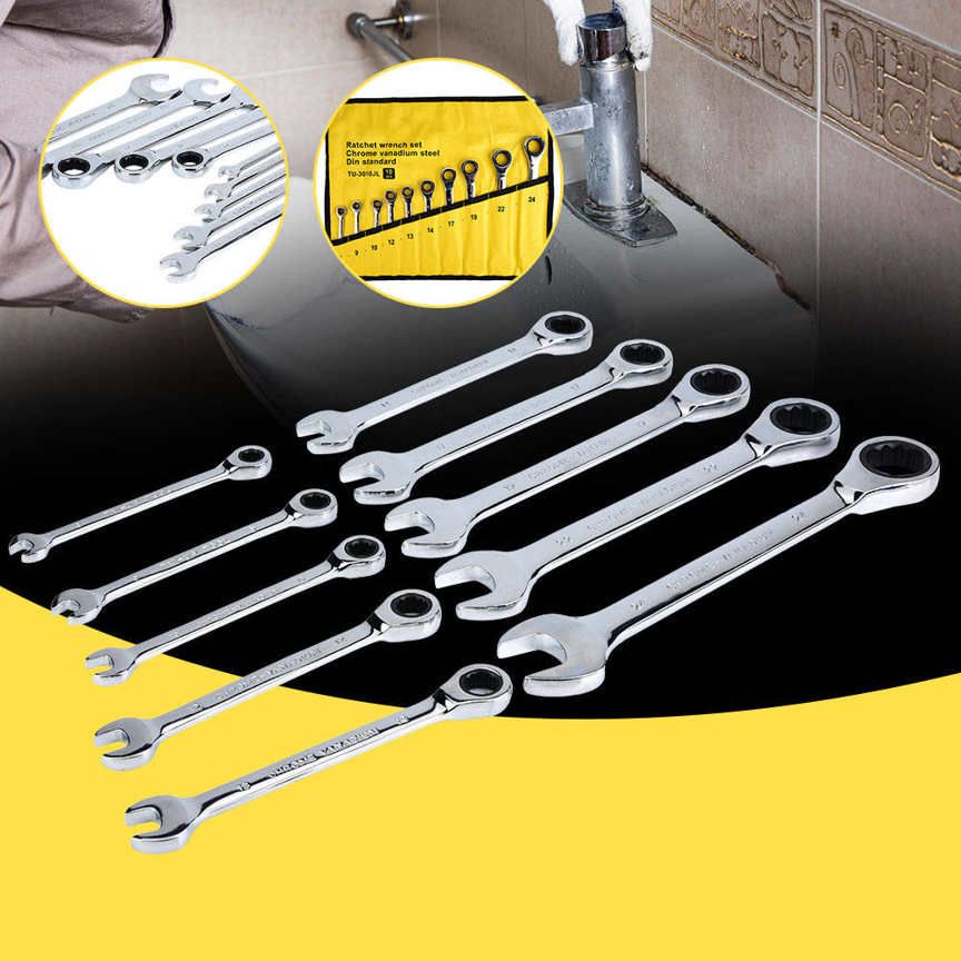 TU-3010JY 10 pcs Double-ended Combination Spanner Ratchet Wrench Set 8-24mm