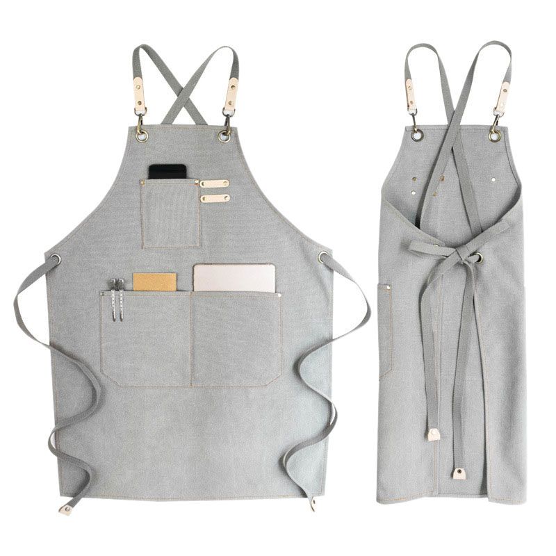 Canvas Cook Apron Barista Bartender Chef Hairdressing Apron Catering Uniform Work Wear Anti-Dirty Overalls(Light Gray)