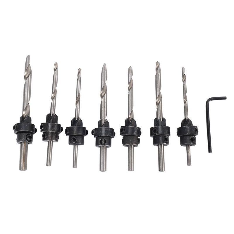 7-Pcs Countersink Drill Bit Set with Stop Collars & Wrench, Perfect for Wood | Quick Change Pre-Drill Counterbore Drill Bits Made for Screw Sizes, # 5,6,7,8,9,10,12.