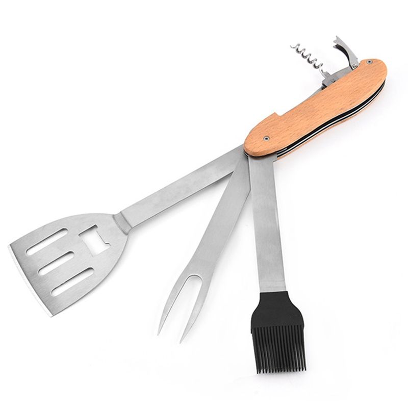 Spatula Camping BBQ Grilling Tools Portable Stainless Steel Kitchen Barbecue Brush Foldable Fork Multifunctional