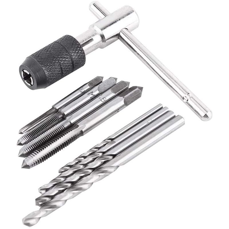 Practical Product  9Pcs Adjustable T-Handle Ratchet Tap Holder Wrench Tool Set with M3-M6 Screw Thread Metric Plug Tap and 2.5-5.0mm Twist Drill Bit