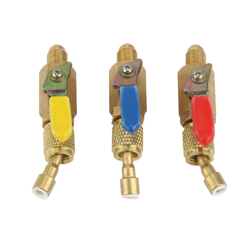 3Pcs Angled and Manual Shut-Off Ball Valve 1/4Inch SAE Swivel Adapter for A/C R134A R410A Refrigerant Charging Hose