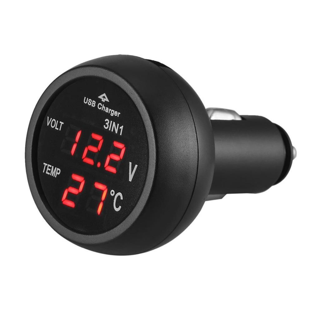 3 in 1 12/24V Car  Lighter Voltmeter Thermometer Tature Meter LED Digital Voltmeter Gauge USB On Board  Charg