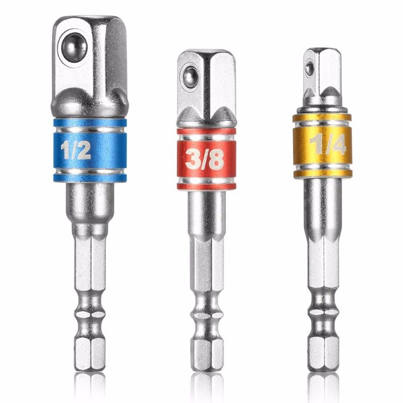 1Set/3pcs Hex Drill Power Bit Socket Drive Adaptor Exension 1/4" 3/8" 1/2" Socket Bit Adaptor Hex Shank With Fixed Collar Rings