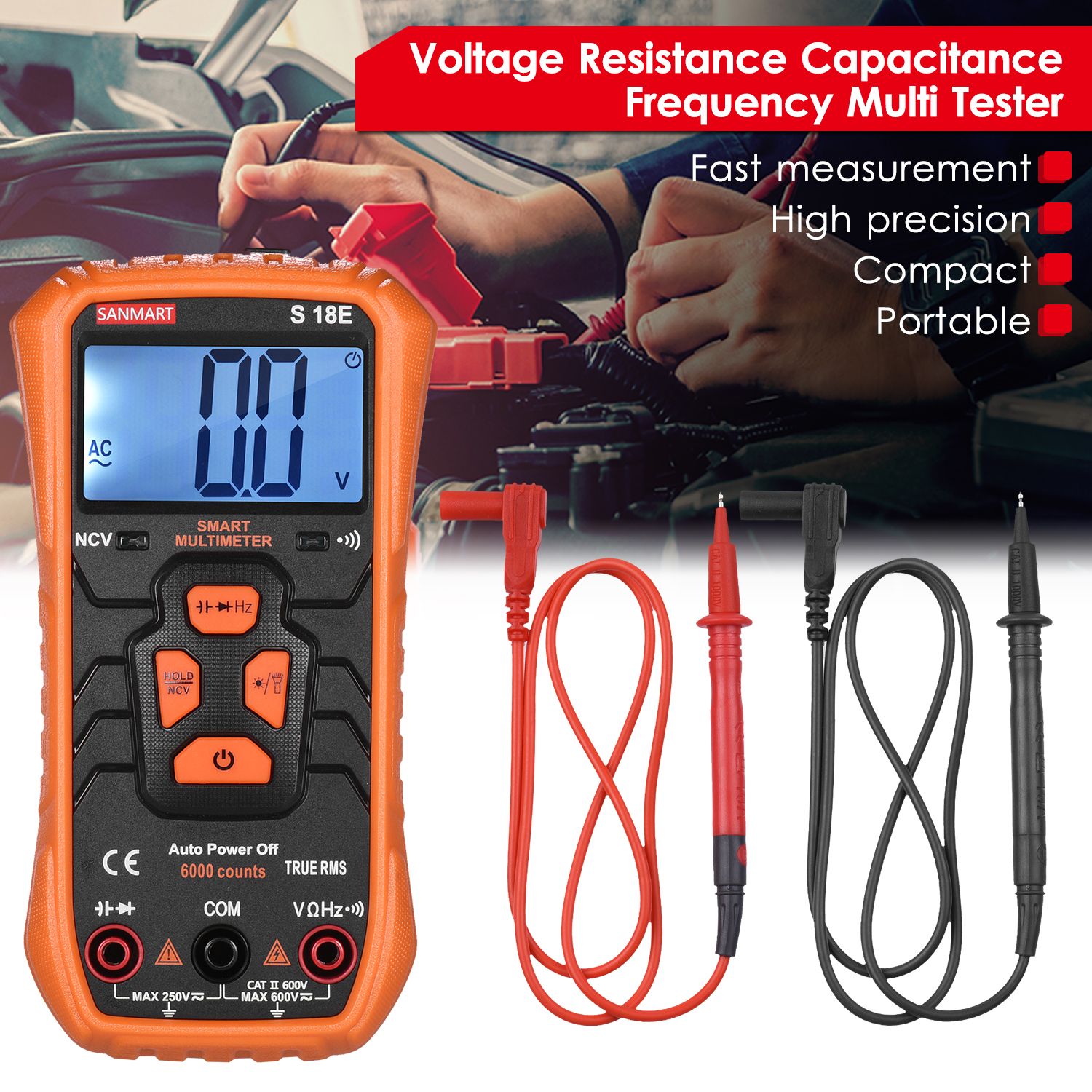 6000 Counts True RMS Multimeter Mini Smart Pocket Compact 2-inch LCD Digital Multi Meter Voltmeter Ohmmeter CATII 600V NCV ACV DCV Resistance Capacitance Buzzer&Continuity L-wire Detect