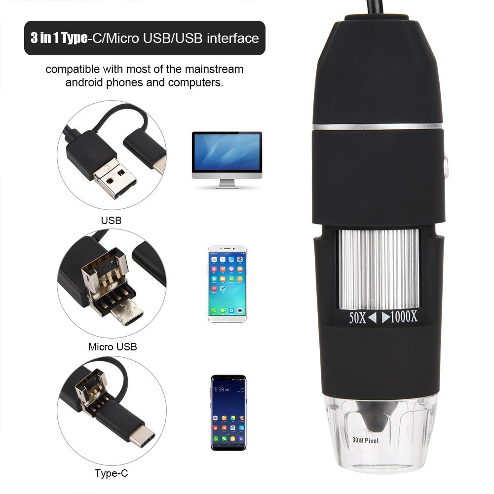 HD Microscope 3 in 1 Type-C/Micro USB/USB Interface Digital Magnification 1000X