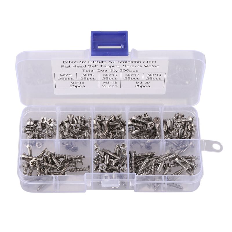 200Pcs M3 Stainless Steel Flat Head Screws Kits High Strength Self-Tapping Screws Assortment Set For Wood Furniture