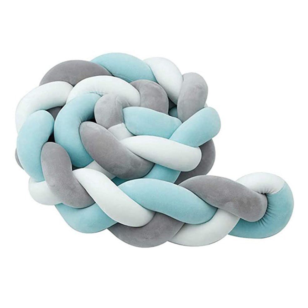 Knitted long anti-collision strip knotted ball pillow twist braid bed surround children's room anti-collision strip 2m White+Gray+Light Blue