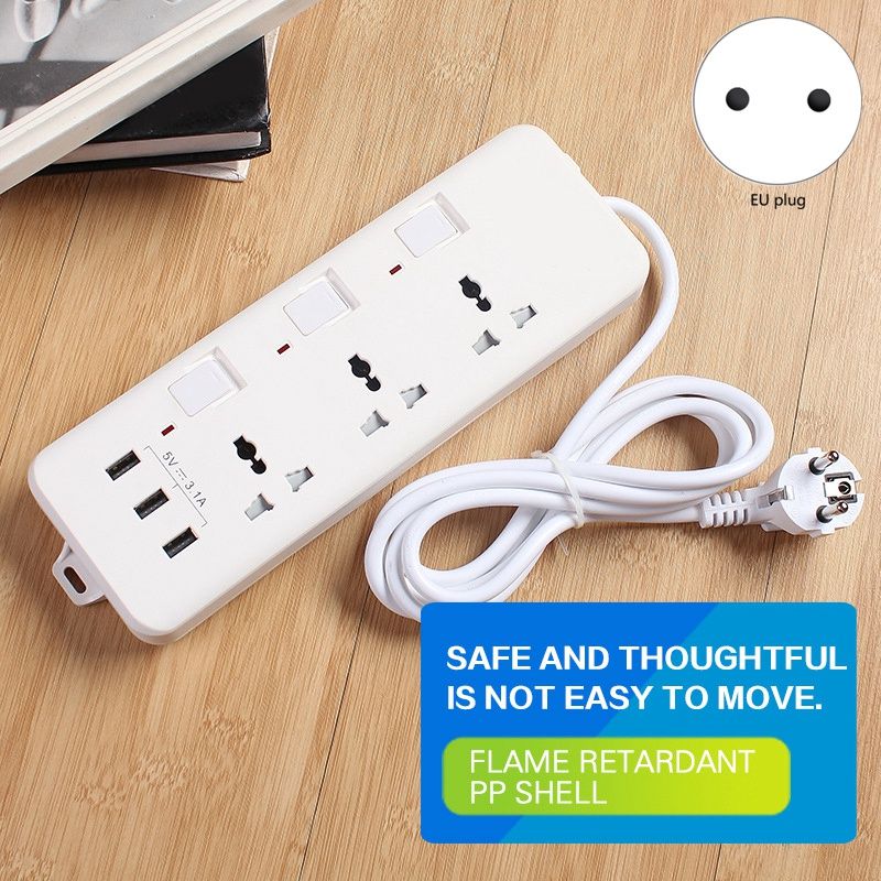 Strip with 3 Outlets and 3 USB Charging Ports 16.4 Ft Long Extension Cord for Smartphone Tablets Office EU Plug
