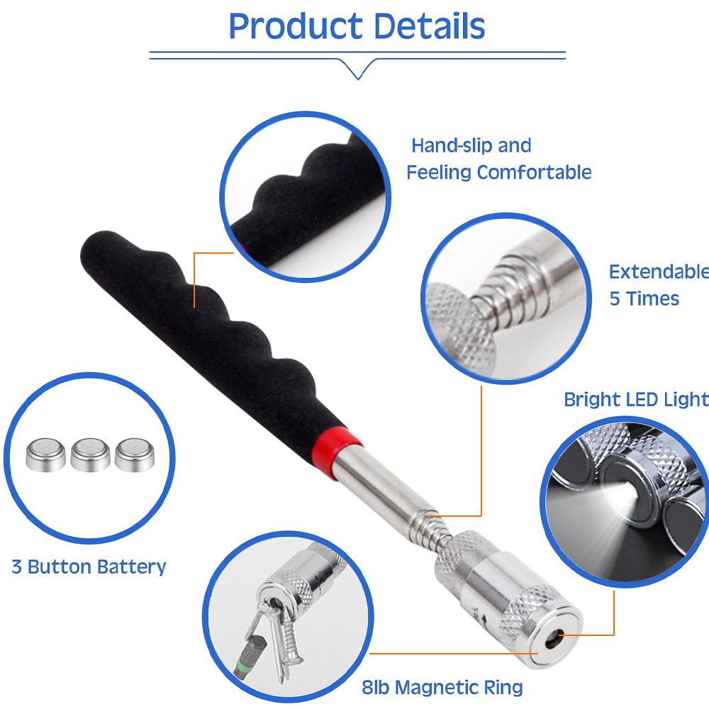 Magnetic Grabber Pick up tools LED Flashlight Telescopic Torch Pen