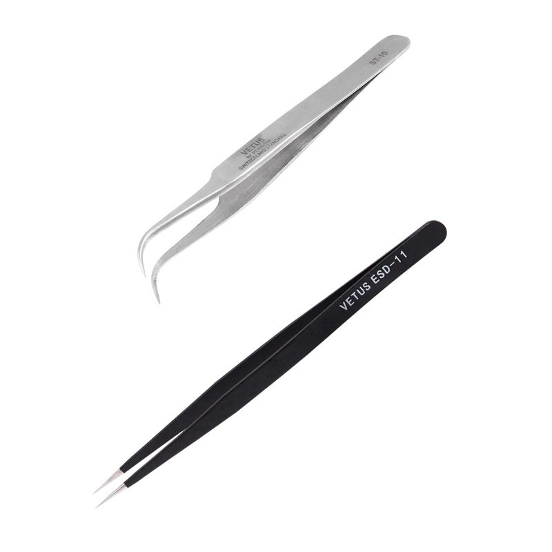 VETUS Anti-static Curved Tip Tweezers Forceps Pliers Repair Hand Tool Set & VETUS anti-static, tapered tip tweezers
