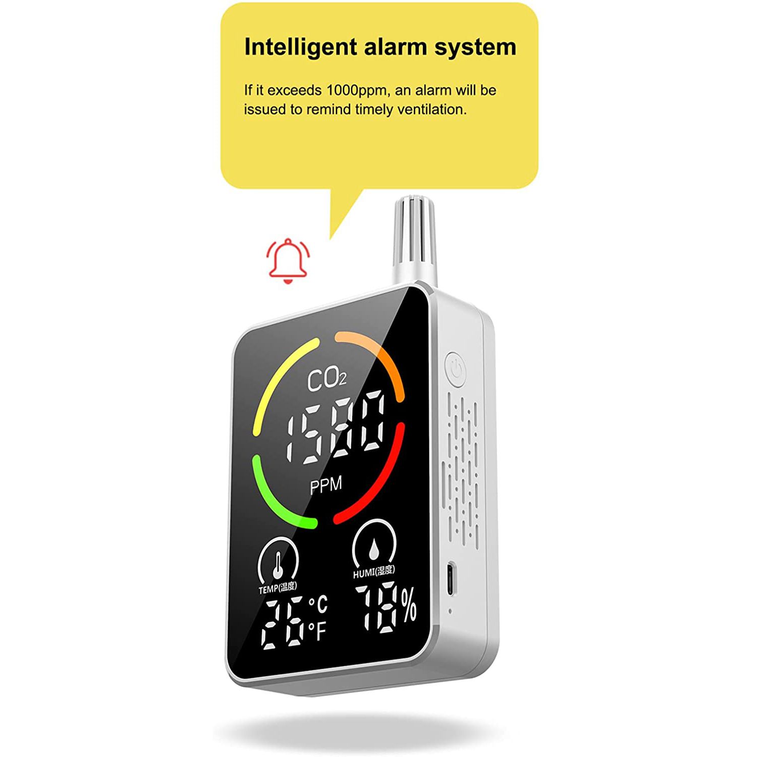 Portable CO2 Meter, Smart 3-In-1 Tool for Carbon Dioxide Detection, Thermometer for Monitoring Indoor Air Quality White