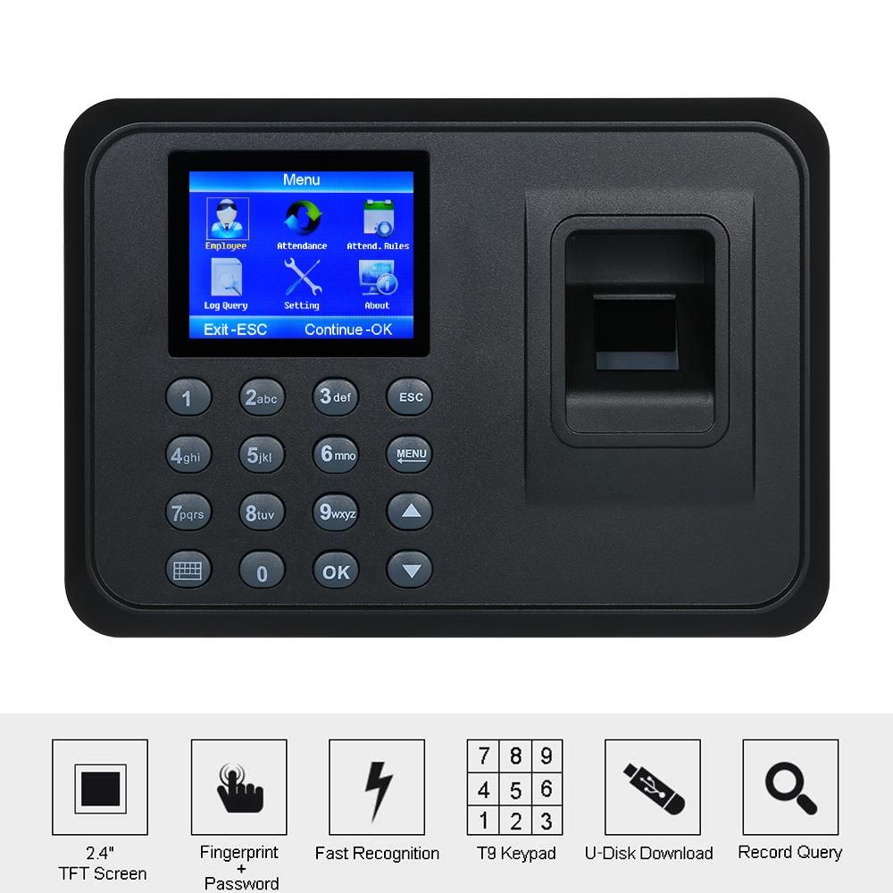 Biometric Fingerprint Attendance Machine Software-free 2.4" TFT LCD Display USB Employee Checking-in Reader Time Clock Recorder Spanish Version DC 5V/1A US Plug