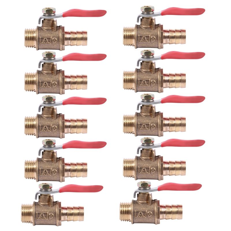 10Pcs 10mm x 1/4 Inch PT Male Thread Full Port Lever Handle Hose Barb Brass Ball Valve