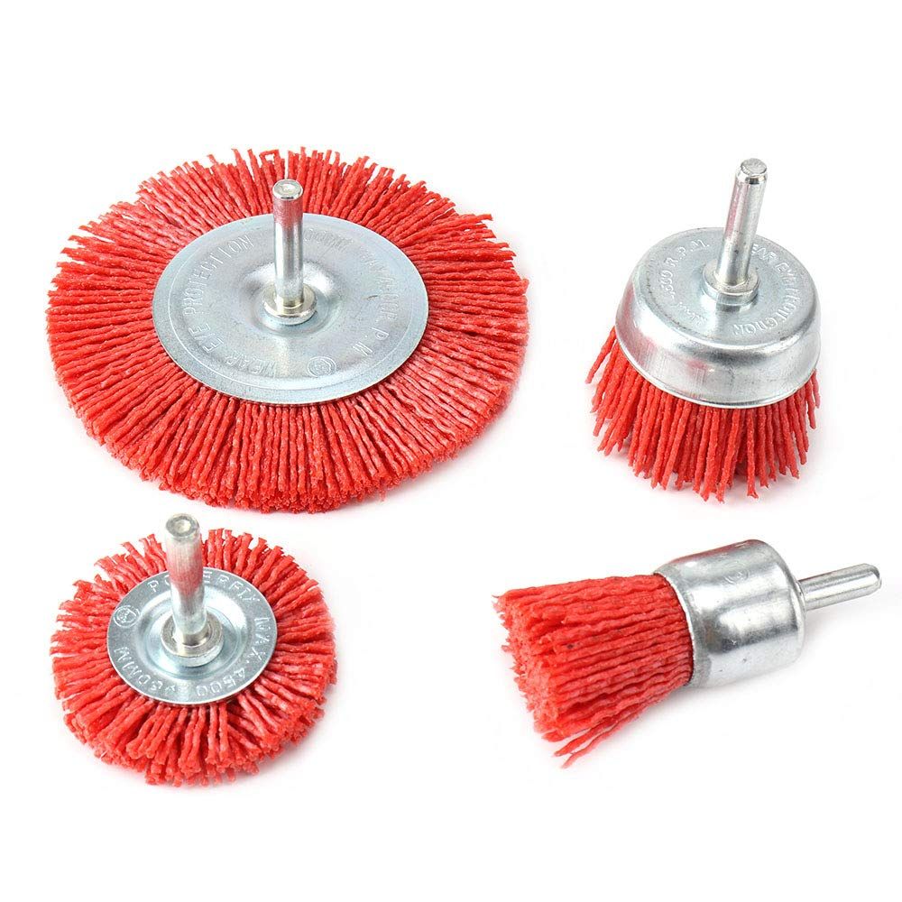 4Pcs Nylon Filament Abrasive Wire Cup Brush Nylon End Brush Kit for Drill Rotary Tool with 1/4 Inch Shank