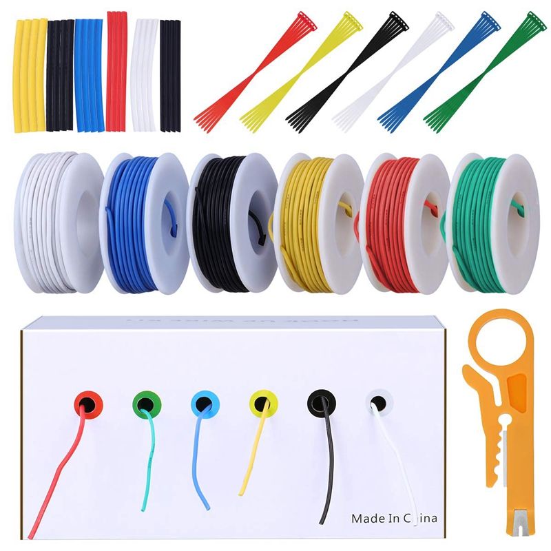 22AWG Electronics Wire Kit, Jumper Wire Hook Up Wire Kit Flexible Silicone Wire Pre-Tinned, Copper Wires 6 Colors 33Ft