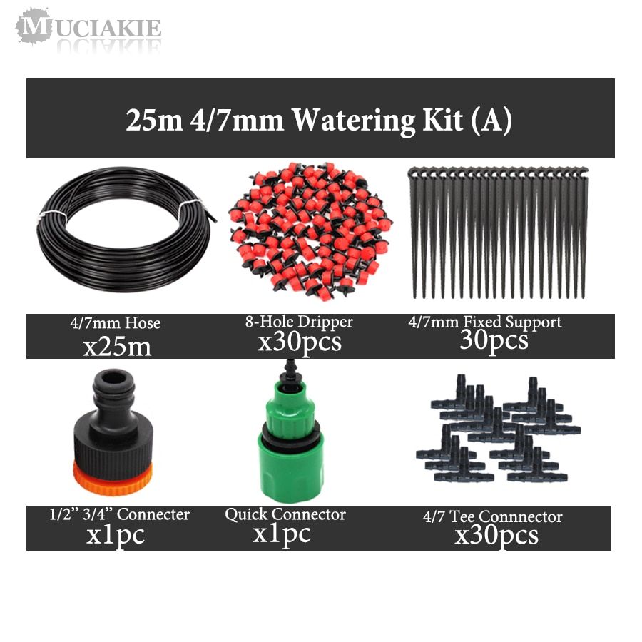 25m 20m to 5m 4/7mm Garden Water Irrigation System Watering Kit with PVC Tubing Hose Adjutable Dripper Connecter Tee