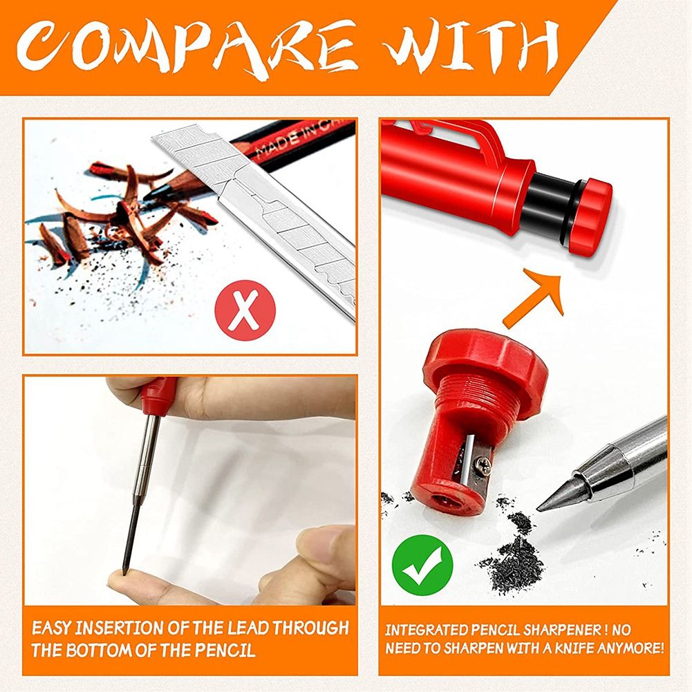 Solid Carpenter Pencils Set for Construction with 12 Refill Built-in Sharpener,Mechanical Pencil Marker Marking Tool