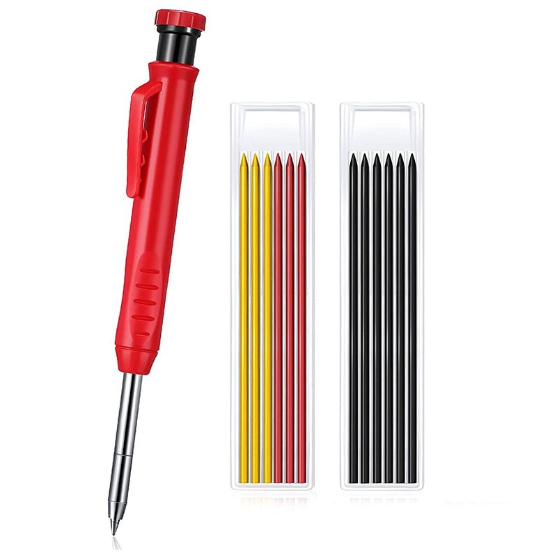 Solid Carpenter Pencil for Construction with 13 Refill Leads Built-in Sharpener, Long Nosed Deep Hole Mechanical Pencil
