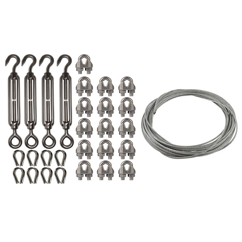 2 Set Stainless Steel Kit: 1 Set Flexible Wire Rope Cable 3Mmx12M & 1 Set 4-Pcs Turnbuckle/Tension(Eye&Hook, M6)+16-Pcs 1/8 Inch Wire Rope Cable Clip/Clamp(M3)+8-Pcs Thimble(M3)