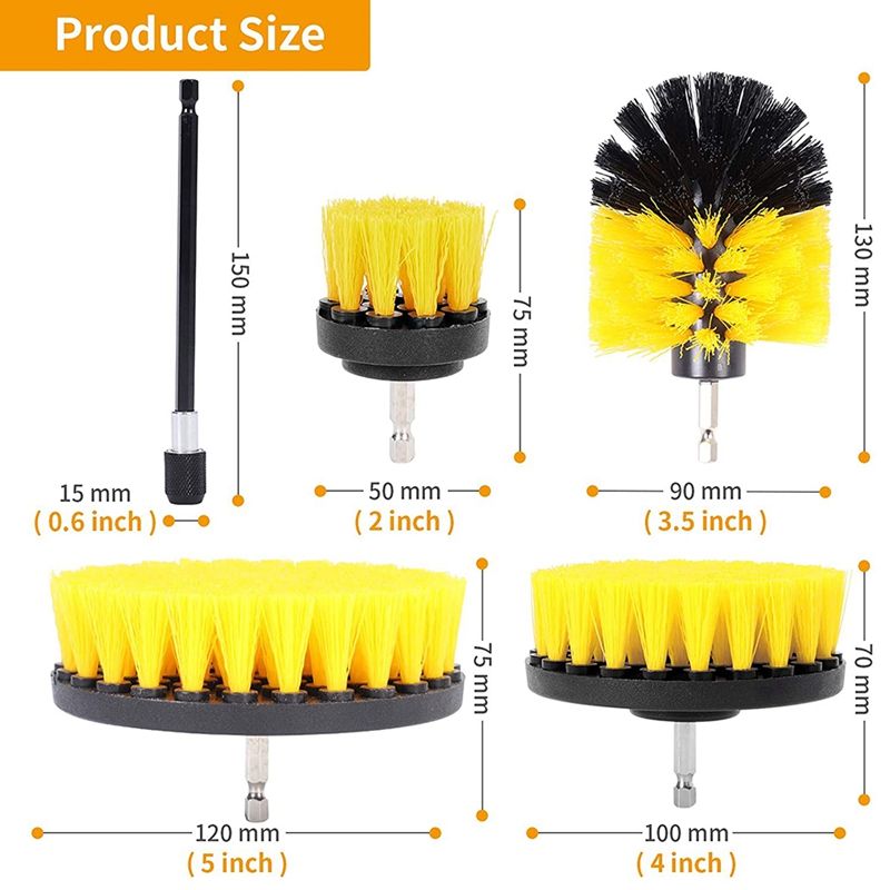5 Pcs Drill Brush, Drill Cleaning Brushes for Car, Carpet, Bathroom, Kitchen(2 / 3.5 / 4 / 5 Inch Brushes+Extension Rod)