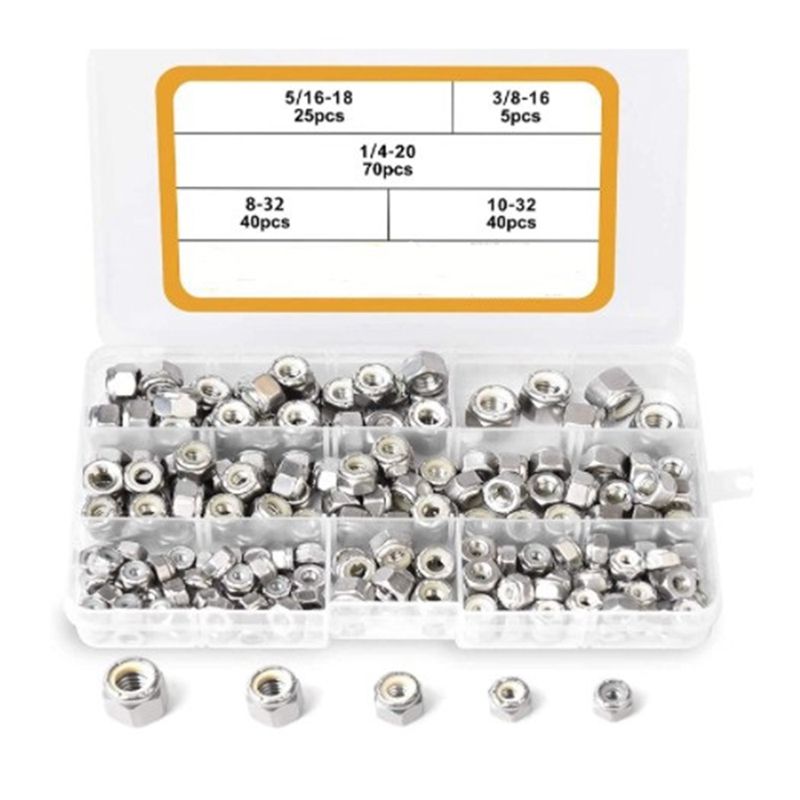 180PCS 1/4-20 5/16-18 3/8-16 8-32 10-32 Lock Nuts Nylon Insert Nut Assortment Kit, 304 Stainless Steel Hex Locknuts