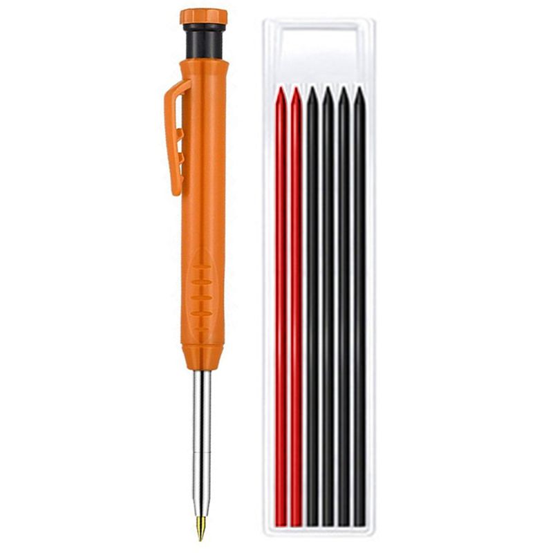 JAERBEE Solid Woodworking Pencil Set, with 6 Refills, Built-in Sharpener, Deep Hole Mechanical Pencil Marking Tool