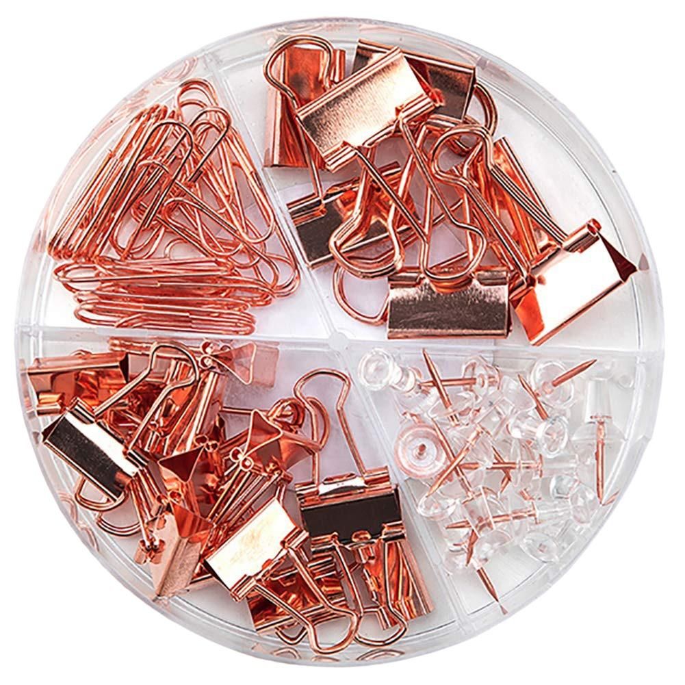 Fashion Binder Clips Paper Clips Push Pins Sets with Box for Office School and Home Supplies Rose Gold Office Tools Set
