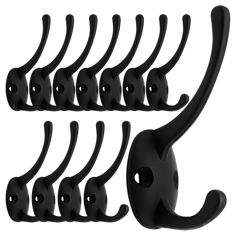 12 Pack Black Coat Hooks Wall Mounted with Retro Double Hooks Utility Black Hooks for Coat, Scarf, Bag, , Key, Cap