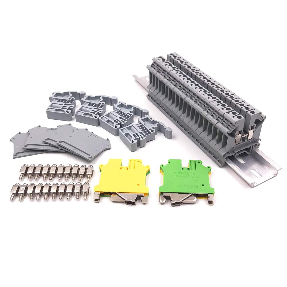 Durable Din Rail Terminal Blocks Kit,Uk5N Terminal +Ground Blocks+Aluminum Rail+D-Uk End Covers+E/Uk End Brackets+Bridge Jumpers Kits