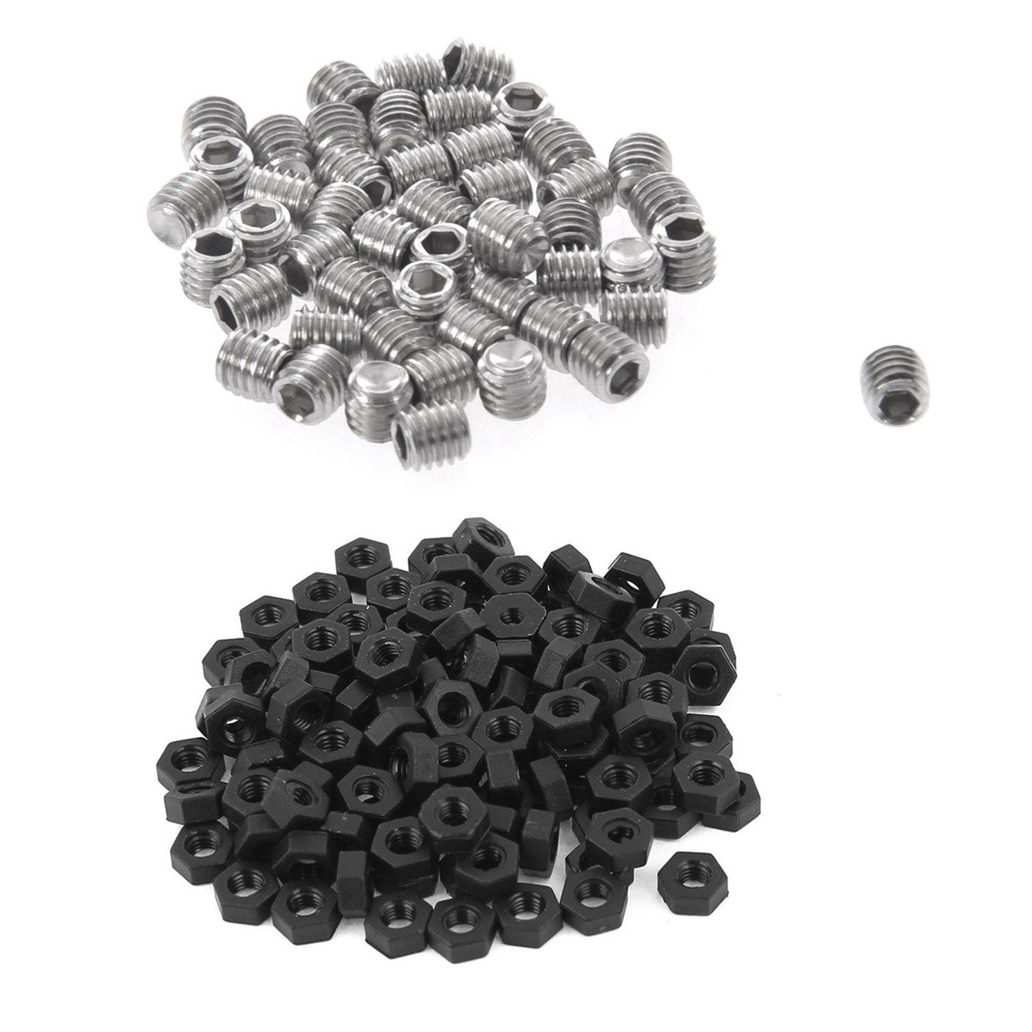 100 Pcs M3 Thread Insert Lock Fixing Screw Nylon Nuts Hexagonal Black with 50Pcs M3X3mm Stainless Steel Hex Socket Set Cap Point Grub Screws