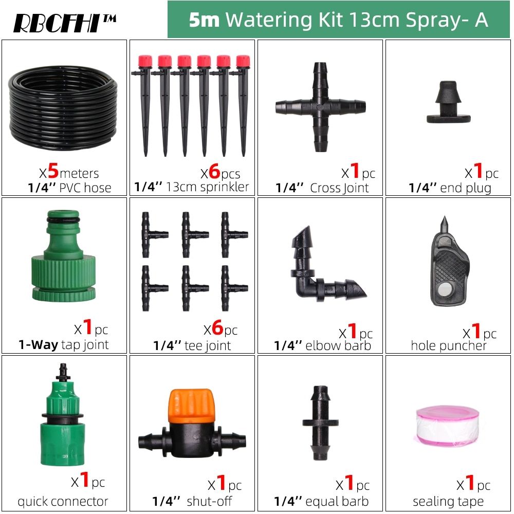 13CM Stake Emitters Drip Kit System 1/4" Hose Adjustable Nozzles Kit 4-Way Micro Watering Flow Gardens Flowers Vegetable
