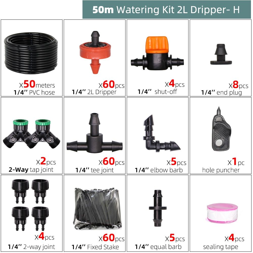 5-50m 2/4/8L Drip Emitter Garden Agriculture Irrigation Compensation Regulator System 1/4"Hose 4-Way Micro Watering Flow Flower