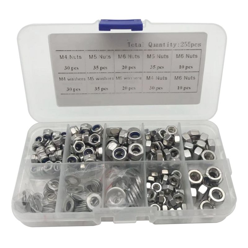 255PCSM4 M5 M6 Stainless Steel Nylon Lock Nut 304 Nut Metric Flat Washer Kit Hexagon Lock Nut Insert Lock Nut