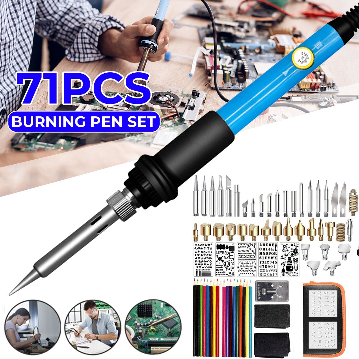 71PCS 60W Wood Burning Pen Set Stencil Soldering Tips Tools Pyrography Kit 5 Colors