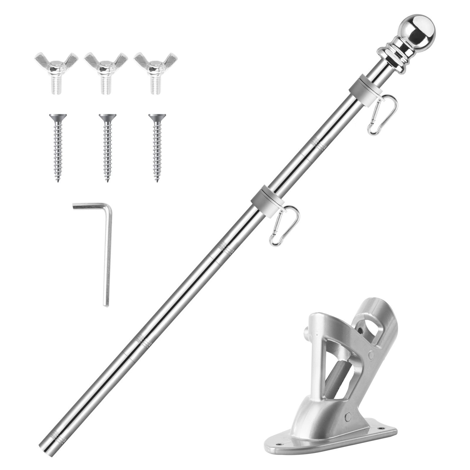 6.1FT Adjusle Stainless Steel Flagpole Kit with Aluminium Alloy Brket 360 Degree Rotating Mounting Ring for Outdoor Garden Yard Commercial Decoration