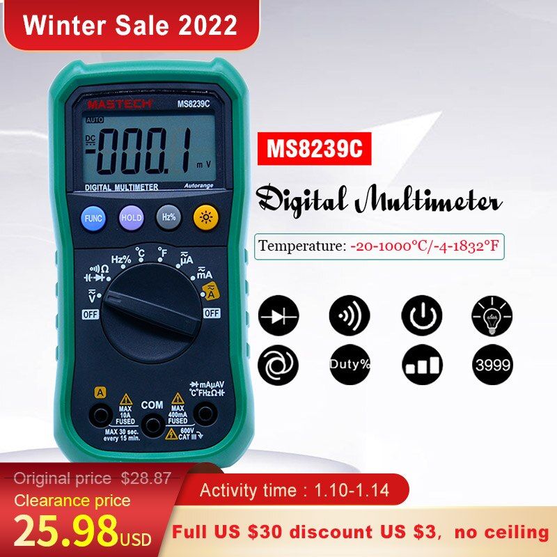 MASTECH MS8239C Digital Multimeter DC Voltage Current Capacitance Frequency Tature Tester Auto range Handheld 3 3/4