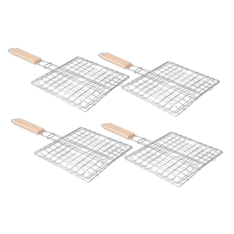 BBQ Net Basket Grilling Baskets for Fish Folding Vegetable Barbecue Wire Grid Rack BBQ Accessories with Wooden Handle