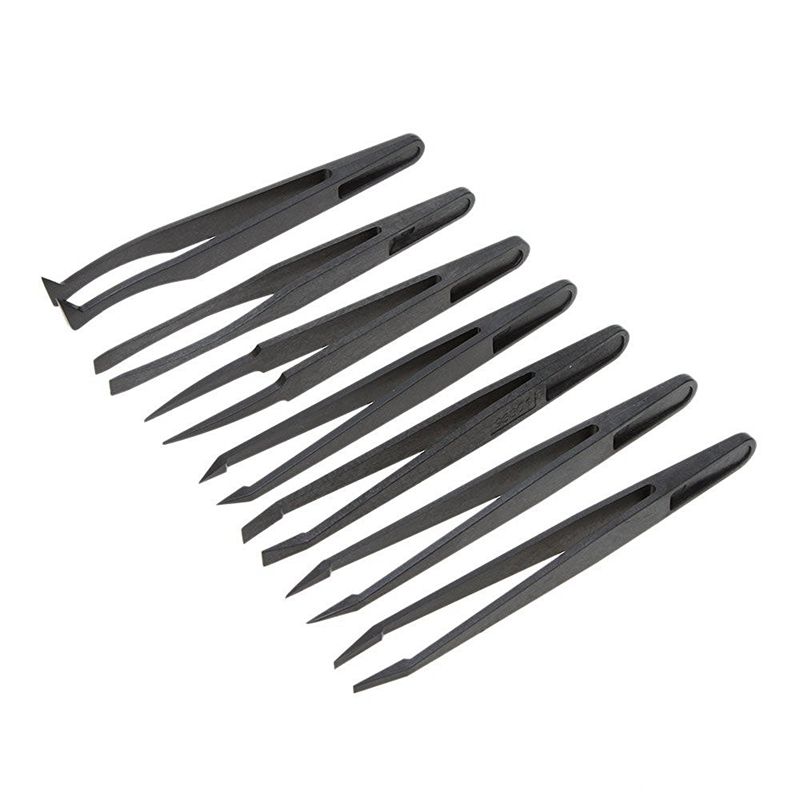 7pcs Black Plastic Antistatic Flat Bottomed Top End Tweezers Hand Tools Set