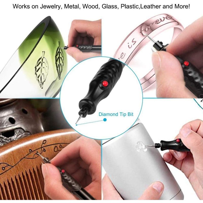 Electric Miniature Engraving Pen, Engraving Tool Belt 5 Interchangeable Diamond Tip for DIY Jewelry Making, Metal, Glass