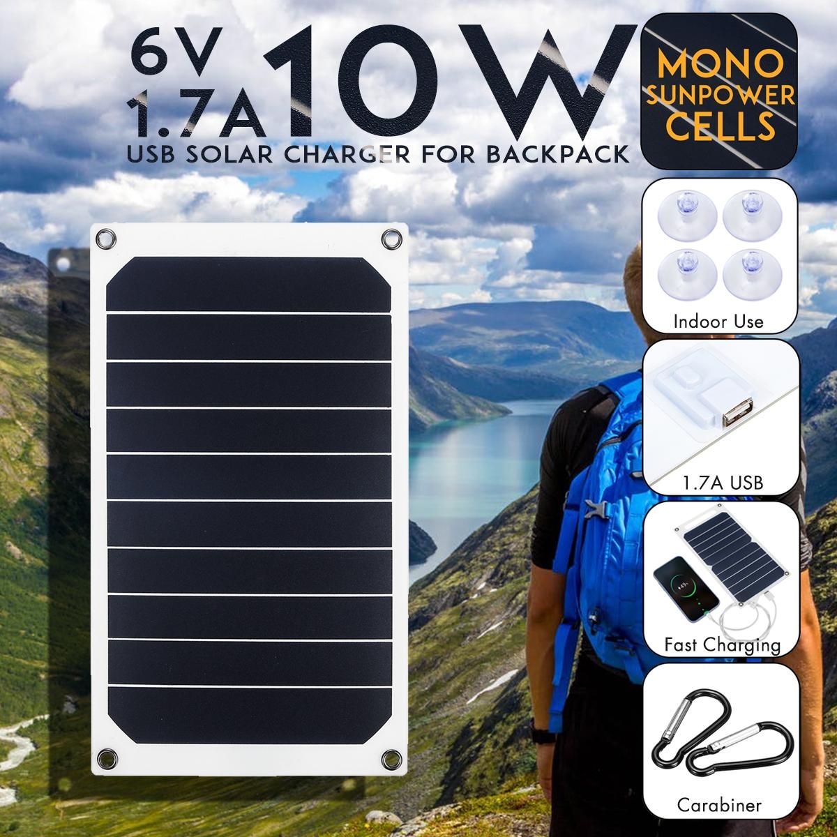 6V 10W DIY Solar Panel Slim Light USB Charger Charging Portable Pad Universal For iPhone Hua wei Charger with Sucker & Carabiner Purism