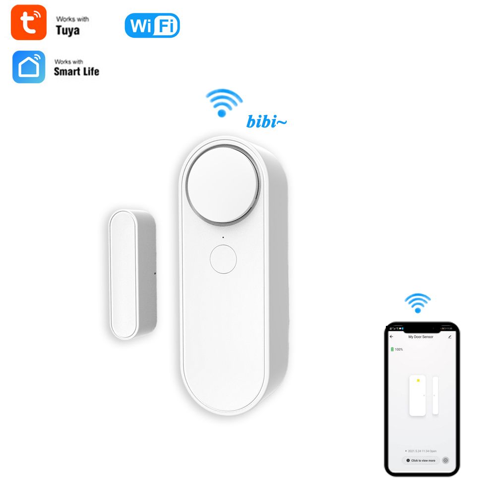 Tuya Smart Adjustable Alarm Volume WiFi Door Sensor Window Sensor Door Magnetic Alarm Detector Intrusion Sound Alarm Independent Magnetic Sensor Smart Life APP Work with Alexa Wireless Type：2.4GHz