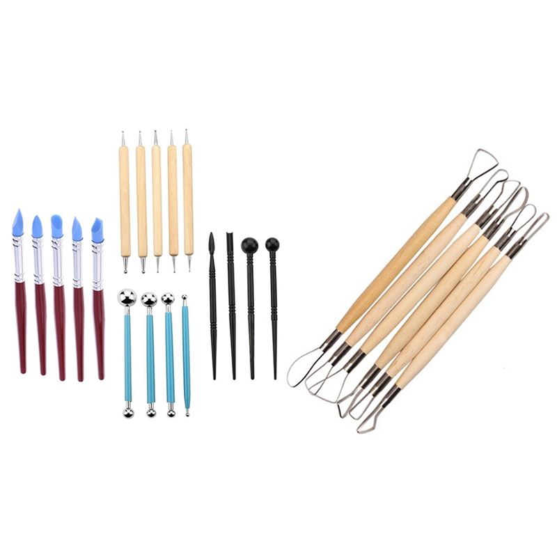 6 Pcs 8 Inch Double Ended Sculptor'S Carving Tool Wooden Handle & 18 Pcs Ball Stylus Dotting Tools Clay Tools Sculpture Modeling Tools Art Carving Modeling Embossing Sets